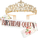 COCIDE Birthday Gold Tiara and Crowns for Women, Pink Birthday Decorations Set, Rhinestone Headband Hair Accessories, Glitter Sash for Party | 9 Gold Flower — 1