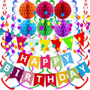 Fecedy Happy Birthday Banner With Colorful Paper Flag Bunting Paper Circle Confetti Garland Swirl Streamers Honeycomb ball for Birthday Party Decorations — 1