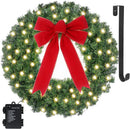 24" Prelit Christmas Wreath with Lights - 50 LED with Timer, 8 Lighting Modes, Waterproof Battery Operated Lighted Door Wreath - Including Wreath Hanger and Red Bow for Christmas Outdoor Decorations — 1
