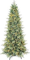 6 FT Prelit Artificial Skinny Christmas Tree,Blue Spruce Slim Pencil Xmas Tree with 1205 PE&PVC Mixed Branch Tips and 300 UL Listed Clear Lights,Hinged Pine Tree with Metal Stand for Home Office Décor — 1