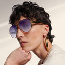 Oversized Aviator Sunglasses For Women 70s Retro 2025 Metal Shades with Gold Streamline Arms | Gold Frame - Gradient Grey Lens — 5