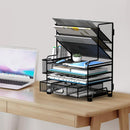 MINDEPOT 4-Tier Paper Organizer + 3-Pocket File Holder + Drawer + Pen Holders, Desktop File Organizers Paper Tray for Office Accessories School Classroom Organization (Black) — 6