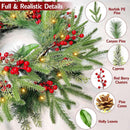 24 Inch Prelit Christmas Wreath for Front Door, Real Touch Norfolk Pine Wreath with Dual Color Change & Timer,Artificial Pine Tips,Cypress Leaves,Red Berries and Pinecone for Door Home Outdoor Decor — 3