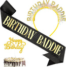 KICOSY Birthday Baddie Sash and Headband Set with Gold Glittery Cake Topper — 1