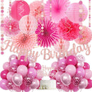 Hot Pink Boho Birthday Party Decorations - 62pcs Happy Birthday Banner, Pink Rustic Paper Lanterns, Streamers, Tissue Pom Poms, Rose Gold Blush Party Balloons, Birthday Decorations for Women Girl | Champagne Hot Pink — 1