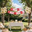 Happy Birthday Banner Sign Bunting Hanging Decorations with 8Pcs Shiny Gold Balloons Birthday Party Sign Decor for Party Supplies | Red Pink — 3