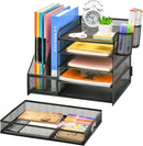 Marbrasse Desk Organizer with File Holder, 5-Tier Paper Letter Tray Organizer with Drawer and 2 Pen Holder, Mesh Desktop Organizer and Storage with Magazine Holder for Office Supplies(Black) — 2
