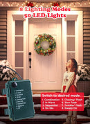 24 Inch Prelit Christmas Wreath for Front Door, Battery Operated LED Christmas Wreath with Pine Needles Branches Hari Leaves Red Berry Pine Cones, Lighted Wreath Wall Windows Decoration — 2