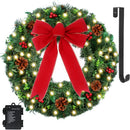 24" Prelit Christmas Door Wreath with Timer - 50 LED - Waterproof Battery Operated Artificial Wreath with Pinecone Berries and Bowknot for Christmas Decorations Including Wreath Hanger — 1