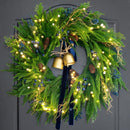 24 Inch Pre-Lit Norfolk Pine Christmas Wreath for Front Door, Artificial Plants Green Christmas Wreath with Lights, Velvet Ribbon, Natural Berries, Pinecones and Bells, Lighted Door Wreath — 1