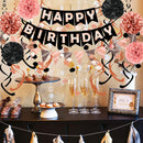 FECEDY Rose Gold Black Theme Happy Birthday Banner Flag Bunting Paper Circle Confetti Garland Swirl Streamers Honeycomb Ball for Birthday Party Decoration — 5