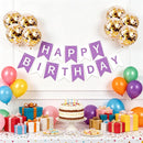Happy Birthday Banner Sign Bunting Hanging Decorations with 8Pcs Shiny Gold Balloons Birthday Party Sign Decor for Party Supplies | Purple White — 2