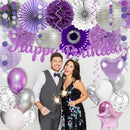 Purple Silver Birthday Party Decorations Kit with Happy Birthday Banner, Paper Lanterns, Streamers, Tissue Pom Poms, Honeycomb Flower Fans, Silver and Purple Balloons, & More for Women Girls' Party — 5