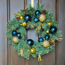 Haute Decor 24 Inch Sutton Place Christmas Wreath with Soft White LED Lights on Automatic Timer - Pre-Lit Christmas Wreath Featuring Blue and Gold Shatterproof Ornaments — 2