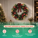 Hykolity 24 Inch Pre-Lit Magnolia Christmas Wreath with 30 Warm White LEDs and Timer, Battery Operated Artificial PE & PVC Wreath with Burgundy Flowers, Ornaments and Plaid Bow for Front Door — 6