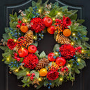 Christmas Wreaths for Front Door with Lights 24 Inch Christmas Wreath with Red Flowers, Apples, Oranges, Pine Cones, Berries and Greenery – Holiday Wreath Front Door Indoor Outdoor Winter Décor — 1