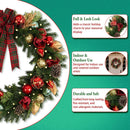 Hykolity 24 Inch Pre-Lit Magnolia Christmas Wreath with 30 Warm White LEDs and Timer, Battery Operated Artificial PE & PVC Wreath with Burgundy Flowers, Ornaments and Plaid Bow for Front Door — 2