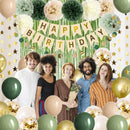 Sage Green Birthday Decorations Olive Green Happy Birthday Party Decorations Nude Retro Gold Balloon Banner Paper Pom Poms Greenery Neutral Rustic Décor Supplies Baby Girls Women — 4