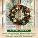 Hykolity 24 Inch Pre-Lit Christmas Wreath with 30 Warm White LED Lights and Timer, Battery Operated Artificial PE & PVC Wreath with Multicolor Ornaments and Glittered Gold Leaves for Front Door — 3