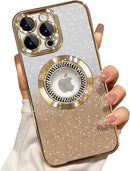 Misscase for iPhone 15 Pro Max Magnetic Glitter Case Compatible with MagSafe,Full Protection Slim Shockproof Anti-Scratch Case with Camera Lens Protector Logo View Dust-Proof Net for Women Gold — 1
