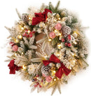 Pre-lit Snow Christmas Wreath with Red Balls,Berries and Bows,24 Inch 50 Battery Operated LED Lights,Holiday Decoration for Front Door Outdoor — 1