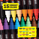 Posca Paint Art Markers, Set of 15 5M Medium Acrylic Markers with Reversible Tips, Artist Recommended Paint Pens for Gifts, Decorations, Fabric, Metal, Windows, Wood and Canvas | Medium Tips | 15 Count (Pack of 1) — 2