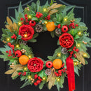 Pinkpuii Pre-lit Christmas Wreaths for Front Door- 24 Inch Outdoor Christmas Wreath with Lights,Green Lighted Xmas Door Wreath with Pinecones,Red Flowers and Orange Berries for Holiday Decor — 1