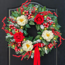 Christmas Wreaths for Front Door 24 Inch Prelit Holiday Wreath with Red Roses, White Peonies, Red Berries, Greenery & Velvet Bow Christmas Door Wreath Indoor Outdoor — 1