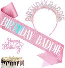 KICOSY Birthday Baddie Sash and Headband Set with Pink Glittery Cake Topper — 1