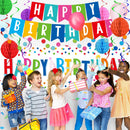 Happy Birthday Decorations Kit: Happy Birthday Banner,Birthday Dots Design Plastic Backdrop, Circle Confetti Garland, Swirl Streamers, Honeycomb Balls & Party Balloons - Table Centerpiece Set — 3