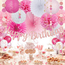 Pink White Birthday Decorations Women Girls, Happy Banner, Paper Lanterns Honeycomb, Tissue Flowers Pom Poms Fan, Light Pink Latex Balloon Pink Confetti Balloons for Birthday Party Décor — 5