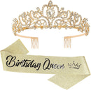 COCIDE "Birthday Queen" Sash and Crystal Tiara Set Tiara and Crowns for Women Birthday Gift for Girl Kit Decorations Set Rhinestone Hair Accessories Glitter Stain Silk Sash for Party | Gold+Clear (Cursive writing) — 1