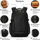 Targus 17” Voyager EXP Travel Backpack, Expandable 27L–30L Laptop Backpack, TSA Checkpoint-Friendly, Water-Resistant, RFID-Blocking Pocket, Fits Up to 17 Inch Laptop, Carry-On Size, Black - TBB664GL — 2