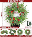 24 Inch Prelit Christmas Wreath for Front Door, Real Touch Norfolk Pine Wreath with Dual Color Change & Timer,Artificial Pine Tips,Cypress Leaves,Red Berries and Pinecone for Door Home Outdoor Decor — 2