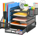 Marbrasse Desk Organizer with File Holder, 5-Tier Paper Letter Tray Organizer with Drawer and 2 Pen Holder, Mesh Desktop Organizer and Storage with Magazine Holder for Office Supplies(Black) — 1