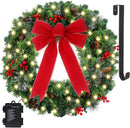 24in Prelit Christmas Wreath for Front Door Christmas Decorations- Timer 8 Light Modes- Battery Operated Lighted Christmas Door Wreath Pre-Decorated with 50 Lights Pinecone Berries Bow Hanger — 1