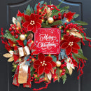 Christmas Wreath with Lights, 24 Inch Lighted Christmas Wreath for Front Door, Winter Wreath with LED Lights, red Berries, Pinecones, Gold Ball, Red Bow, Merry Christmas Sign for Indoor or Outdoor — 1