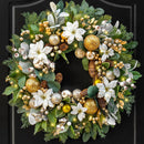 Christmas Wreaths for Front Door with Lights 24 Inch Prelit Christmas Wreath, Christmas Door Wreath with White Flowers, Gold Ornaments, Pine Cones, Greenery & Berries Indoor Outdoor — 1