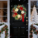 Christmas Wreaths for Front Door 24 Inch Prelit Holiday Wreath with Red Roses, White Peonies, Red Berries, Greenery & Velvet Bow Christmas Door Wreath Indoor Outdoor — 5
