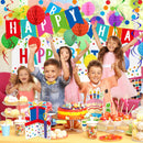 Happy Birthday Decorations Kit: Happy Birthday Banner,Birthday Dots Design Plastic Backdrop, Circle Confetti Garland, Swirl Streamers, Honeycomb Balls & Party Balloons - Table Centerpiece Set — 6