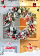 Pre-Lit Artificial Christmas Wreath 24Inch, Christmas Door Decorations Wreath with 50LED Warm Lights, Christmas Balls, Pine Needles, and Red Berries for Front Door Wall Windows X-mas Ornament — 4