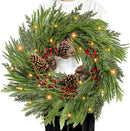 8 Modes & Timer - 24" Lighted Christmas Wreaths for Front Door with 50 LED, Real Touch Norfolk Pine Wreath Cedar&Cypress Tips Pinecones Berries Artificial Xmas Door Wreath for Home Indoor Wall Window — 1
