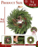 8 Modes & Timer - 24" Lighted Christmas Wreaths for Front Door with 50 LED, Real Touch Norfolk Pine Wreath Cedar&Cypress Tips Pinecones Berries Artificial Xmas Door Wreath for Home Indoor Wall Window — 7