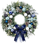 Valery Madelyn 24'' Pre-Lit Christmas Wreath for Front Door with Light, Collapsible Lighted Outdoor Christmas Wreath with Silvery Blue Xmas Balls Ribbons for Home Porch Fireplace Window Holiday Decor — 1