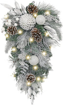Valery Madelyn Pre-Lit Christmas Teardrop Swag for Decorating Outdoor, 24 Inch Sliver White Mailbox Swag Decoration with 20 LED Lights, Ball Ornaments for Front Door Stairway Window Shelf Xmas Decor — 1