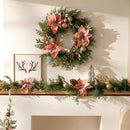DecorbyHannah 24" Pre-Lit Pink Christmas Wreath with Lights, Large Lighted Christmas Door Wreath with Poinsettias, Battery Operated Outdoor Winter Xmas Wreaths Decor — 4