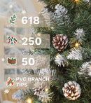 DWVO 6ft Pre-lit Artificial Christmas Tree, Slim Partial Snowy Pencil Kingswood Fir Christmas Trees with 50 Pine Cones, 618 Branch Tips & 250 UL Listed Lights with Remote Control for Home Party — 2