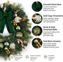 DecorbyHannah 24" Pre-Lit Christmas Wreath for Front Door with Lights, Large Green Gold Lighted Christmas Wreaths for Window with Bow Ornaments, Battery Operated Outdoor Winter Xmas Wreath Decor — 2