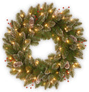 National Tree Company Pre-Lit Artificial Christmas Wreath, Green, Glittery Mountain Spruce, White Lights, Decorated with Pine Cones, Berry Clusters, Frosted Branches, Christmas Collection, 24 Inches — 1