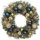 Haute Decor 24 Inch Sutton Place Christmas Wreath with Soft White LED Lights on Automatic Timer - Pre-Lit Christmas Wreath Featuring Blue and Gold Shatterproof Ornaments — 5